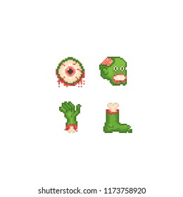 Zombie icon set. Pixel art. Old school computer graphic. 8 bit video game. Game assets 8-bit sprite. Games elements.