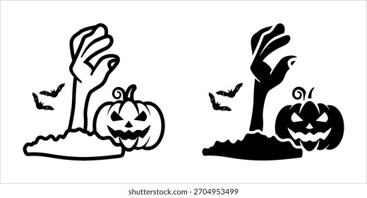 Zombie icon set. A simple hand-drawn illustration of a zombie hand rising from the ground with a pumpkin and bats. Suitable for Halloween designs.
