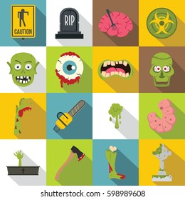 Zombie icons set parts. Flat illustration of 16 zombie parts vector icons for web