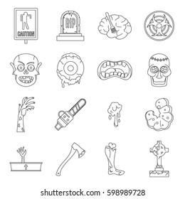 Zombie icons set parts. Outline illustration of 16 zombie parts vector icons for web