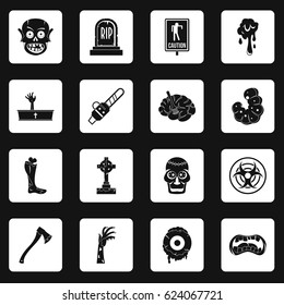 Zombie icons set in white squares on black background simple style vector illustration