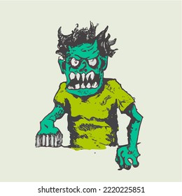 Ilustración zombie. Zombie Persiguiendo a los humanos. Dibujo de dibujos animados de vectores de ilustración