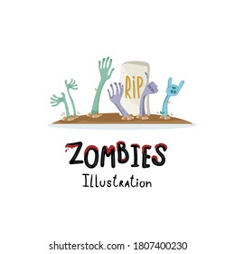 Zombie illustration. Spooky undead monster corpse rising hand claw from rip grave tomb on cemetery graveyard on white background. Vector creepy zombie coming apocalypse horror illustration