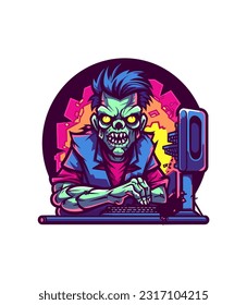 Zombie immersed in gaming world. Hand drawn logo illustration with a hint of horror and humor