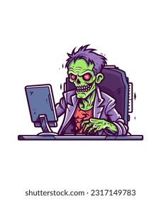 Zombie immersed in gaming world. Hand drawn logo illustration with a hint of horror and humor