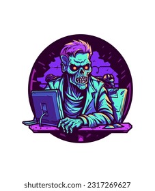 Zombie immersed in gaming world. Hand drawn logo illustration with a hint of horror and humor