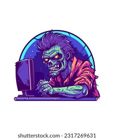 Zombie immersed in gaming world. Hand drawn logo illustration with a hint of horror and humor