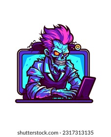 Zombie immersed in gaming world. Hand drawn logo illustration with a hint of horror and humor