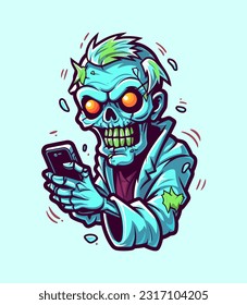 Zombie immersed in mobile gaming adventure. Hand drawn illustration with a touch of horror and humor