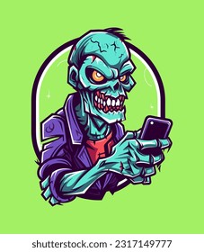 Zombie immersed in mobile gaming adventure. Hand drawn illustration with a touch of horror and humor