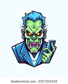 Zombie immersed in mobile gaming adventure. Hand drawn illustration with a touch of horror and humor