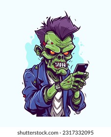 Zombie immersed in mobile gaming adventure. Hand drawn illustration with a touch of horror and humor