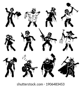 Zombie Infected Undead Character Designs. Vector Illustration Of Businessman, Doctor, Nurse, Construction Worker, Sexy Girl, Police, Soldier, Farmer, Chef, Rock Star, Fat Man, And King Become Zombie.