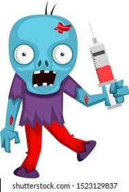 Zombie with injection, illustration, vector on white background.