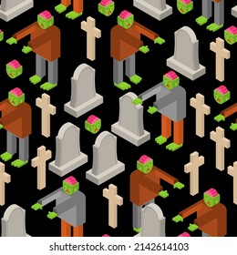 Zombie isometric pattern seamless. Dead man monster texture. zombi background