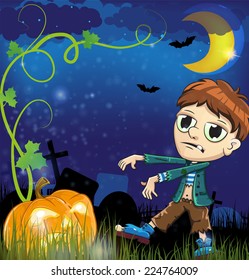 Zombie and jack o lantern  in the night cemetery. Halloween night scene