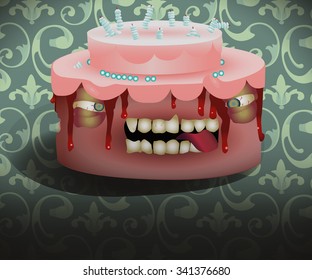 Zombie, killer, monster torte on wallpaper background, funny food vector design, temptation for dieting people