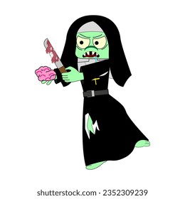 Zombie killer nun. Vector illustration. All elements are isolated	