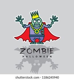 Zombie king - vector cartoon character. Illustration of unusual man with crown, cloak and skeleton hand - funny icon, original concept of Halloween.