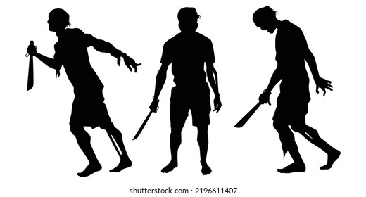 Zombie con un vector de silueta de cuchillo sobre fondo blanco, fantasma o diablo en el día de Halloween.
