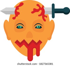 Zombie con un cuchillo a través de su cabeza Diseño de ícono de vector de cuentagotas, celebraciones de festividades y disfraces de Halloween Símbolo sobre fondo blanco, arma temerosa, signo de bandas sangrientas