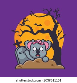 Zombie koala rises from the grave cartoon illustration.cute halloween cartoon vector illustration. Vector isolated flat illustration for poster, brochure, web, mascot, sticker, logo and icon.