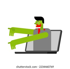 Zombie in Laptop. Zombi in PC. Vector illustration