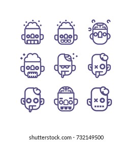 Zombie  line vector icon set. Cartoon style, halloween theme.