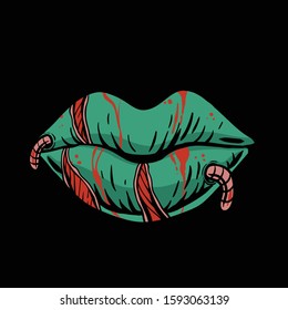 Zombie lips with worm and blood vector illustration. Dark illustration for tshirt design, sticker, banner, flyer, banner or poster