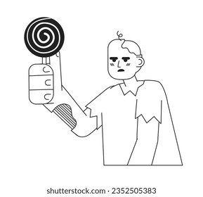 Zombie with lollipop monochromatic flat vector character. Halloween monster. Helloween costume. Editable thin line half body person on white. Simple bw cartoon spot image for web graphic design