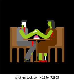 Zombie Love. Dead Date at table hold hands. rendezvous in cafe. Man and woman. 
