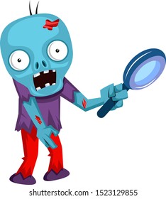 Zombie with magnifying glass, illustration, vector on white background.