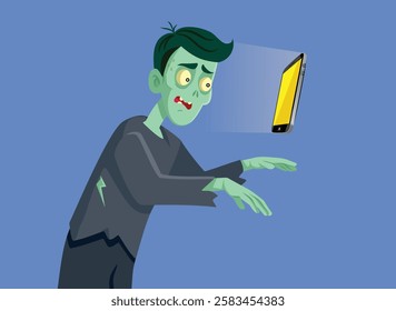 
Zombie Man Addicted to Technology Vector Concept Illustration. Person walking mindless being manipulated by the algorithms 