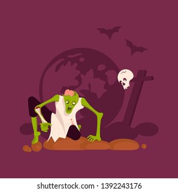 Zombie man gets out of the grave on cemetery background Concept. Halloween Nightmare landscape with dead people. Panorama of undead monster and gravestone. Flat Art Vector illustration