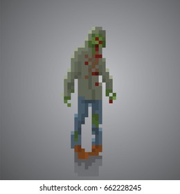 Zombie man in Hood pixel 8 bit vector illustration.
