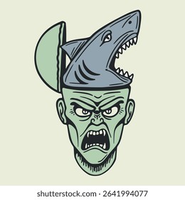 zombie man with a shark in his head cartoon illustration 