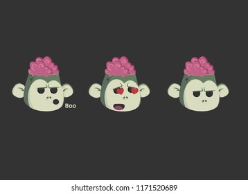 Zombie monkey Halloween cartoon character with brains. Different emotions. Green skin. Vector eps10 illustration icons.