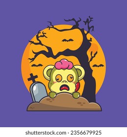 Zombie monkey rise from graveyard in halloween day. Cute halloween cartoon illustration. 