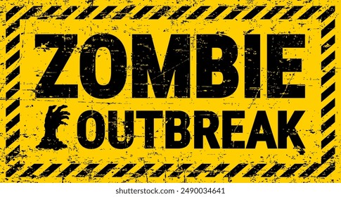 Zombie monster outbreak warning caution for Halloween apocalypse, vector sign. Halloween holiday horror night and trick or treat party grunge yellow poster with zombie hand for danger zone warning