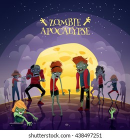 Zombie moonlight apocalypse cartoon background with moon sky and stars vector illustration 