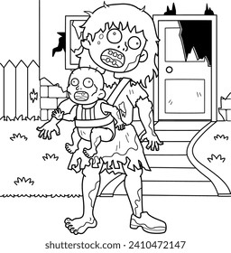 Zombie Mother and Child Coloring Page for Kids