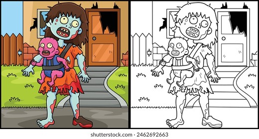 Zombie Mother and Child Coloring Page Illustration
