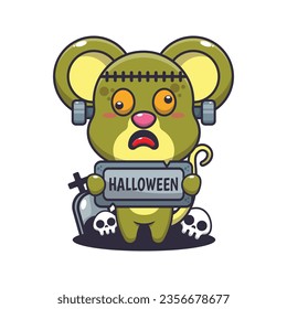 Zombie mouse holding halloween greeting stone. Cute halloween cartoon illustration. 