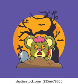 Zombie mouse rise from graveyard in halloween day. Cute halloween cartoon illustration. 
