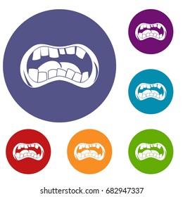 Zombie mouth icons set in flat circle red, blue and green color for web