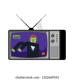 Zombie news old tv. Halloween Live broadcasting. Terrible Dead man broadcasting journalist. deceased Anchorman in tv studio. 