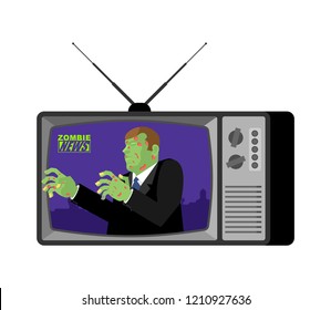 Zombie news old tv. Halloween Live broadcasting. Terrible Dead man broadcasting journalist. deceased Anchorman in tv studio. 