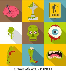 Zombie night icon set. Flat style set of 9 zombie night vector icons for web design