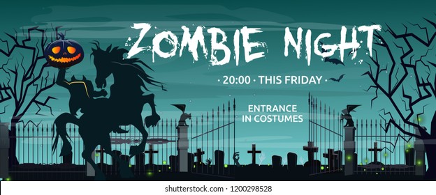 Zombie Night, this Friday lettering with Headless Horseman and graveyard. Invitation or advertising design. Typed text, calligraphy. For leaflets, brochures, invitations, posters or banners.