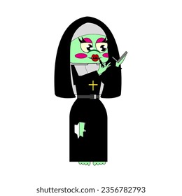 A zombie nun doing makeup. Vector illustration. All elements are isolated	 
